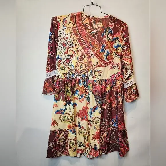 New Fall Colorful Dress Flowy Boho V-Neck Beach Dress Size L - Picture 5 of 9